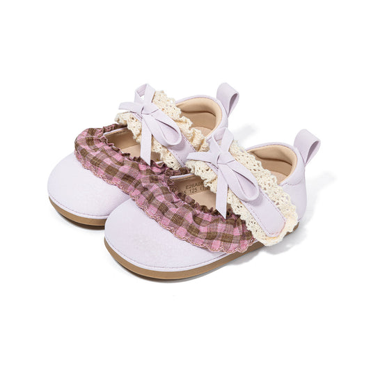 EBMINI Toddler Princess Mary Jane Shoes | Wide Toe Box Velcro Non Slip First Walker Shoes - Lilac Gingham Bow