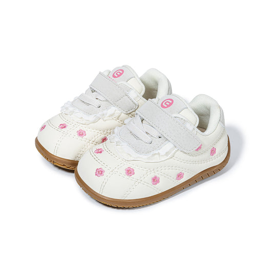 Girls Sneakers - White with Pink Flower Embroidery