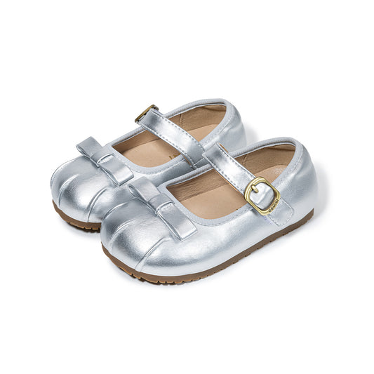 Girls Silver Mary Jane Shoes - Bow Accent, Buckle Closure