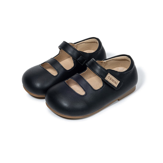 Kids Mary Jane Shoes - Black Leather Velcro Closure