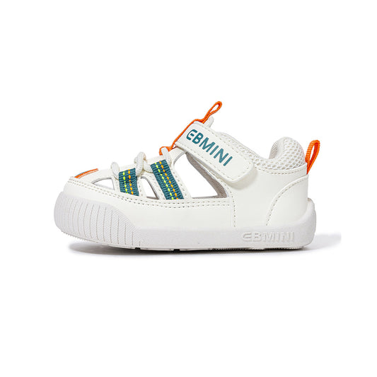 EBMINI White Colorful Stripe Closed Toe Baby Sandals | Soft Non Slip Rubber Sole Pre-Walker Shoes for Babies 6-15M
