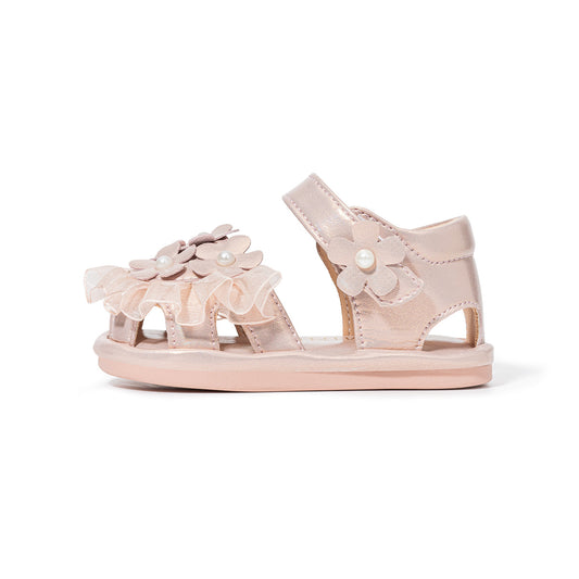 EBMINI Pink Floral Pearl Closed Toe Toddler Sandals | Non Slip Rubber Sole Cute First Walker Shoes for Girls 8M-4Y