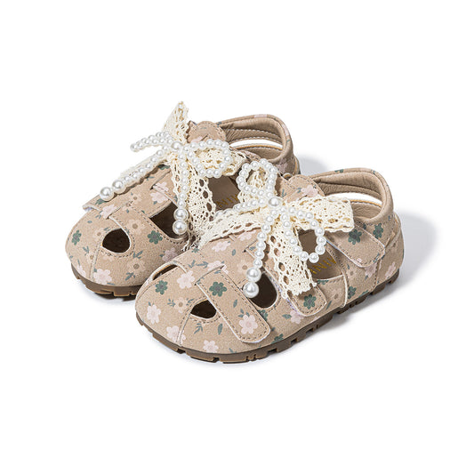 EBMINI Beige Floral Lace Pearl Closed Toe Toddler Sandals | Non Slip Rubber Sole Cute First Walker Shoes for Girls 2-5Y