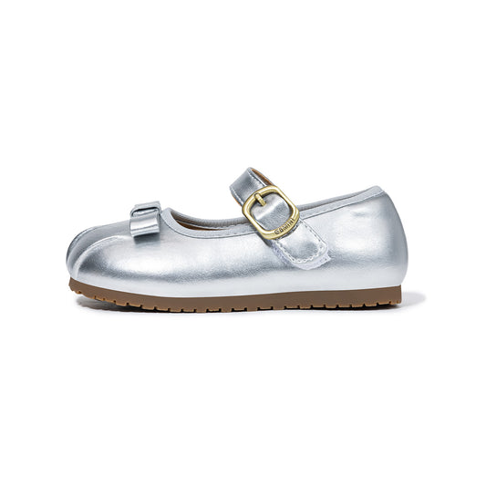 Girls Silver Mary Jane Shoes - Bow Accent, Buckle Closure
