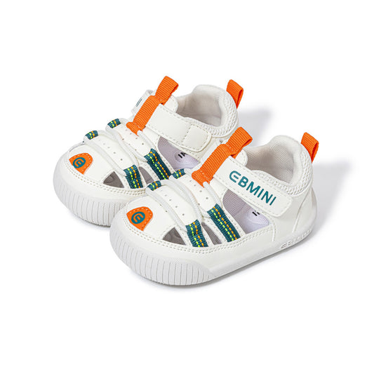EBMINI White Colorful Stripe Closed Toe Baby Sandals | Soft Non Slip Rubber Sole Pre-Walker Shoes for Babies 6-15M