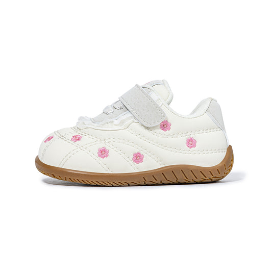 Girls Sneakers - White with Pink Flower Embroidery