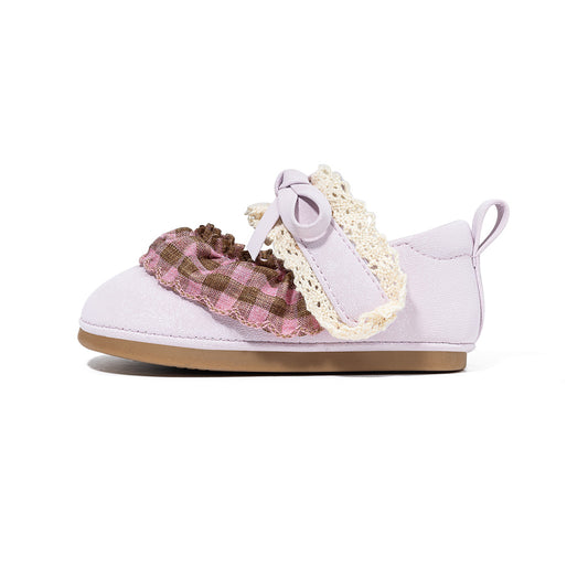 EBMINI Toddler Princess Mary Jane Shoes | Wide Toe Box Velcro Non Slip First Walker Shoes - Lilac Gingham Bow