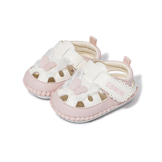 EBMINI Pink White Butterfly Lace Closed Toe Baby Sandals | Soft Non Slip PVC Sole Pre-Walker Shoes for Baby Girls 6-15M