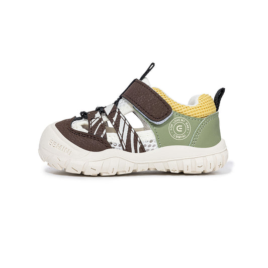 EBMINI Brown Green Striped Closed Toe Toddler Sandals | Breathable Non Slip Rubber Sole First Walker Shoes for Boys Girls 15M-5Y