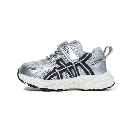 EBMINI Silver Black Mesh Toddler Running Sneakers | Breathable Non-Slip First Walker School Shoes