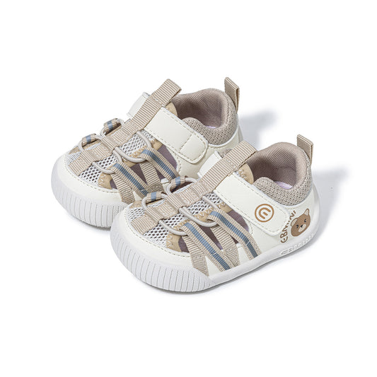 EBMINI Beige Bear Print Closed Toe Baby Sandals | Soft Non Slip Rubber Sole Pre-Walker Shoes for Babies 6-15M