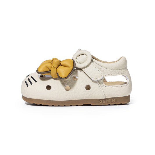 EBMINI Toddler Girl Mary Jane Sandals | Beige Yellow Cute Cat Bow Closed Toe First Walker Summer Shoes for 15M-5Y