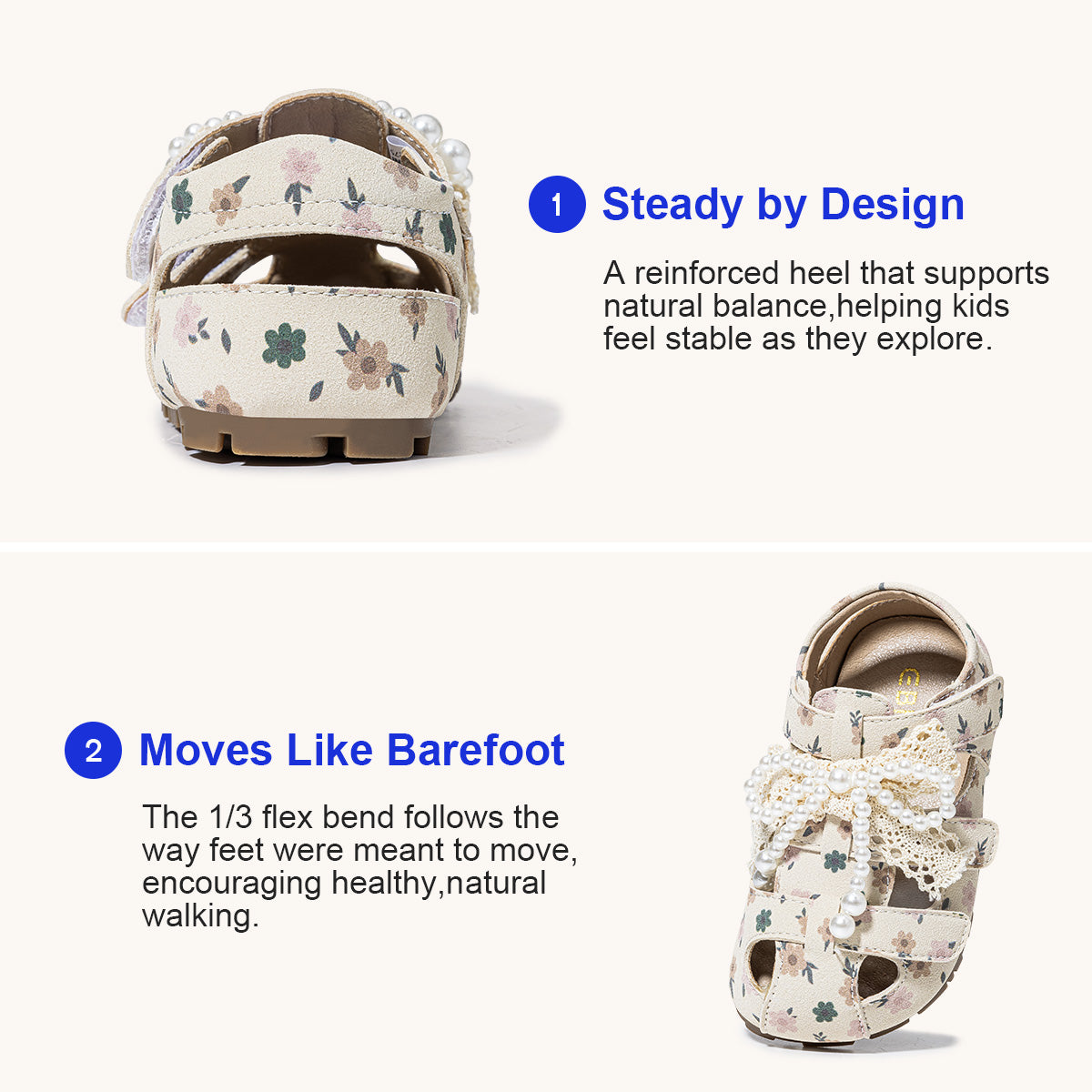 Floral Print Pearl Lace Bow Closed-Toe Toddler Sandals