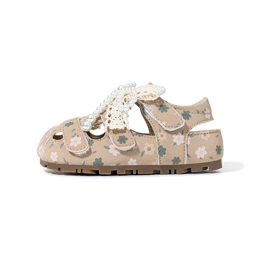 EBMINI Beige Floral Lace Pearl Closed Toe Toddler Sandals | Non Slip Rubber Sole Cute First Walker Shoes for Girls 2-5Y
