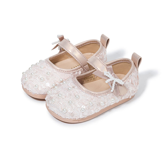 EBMINI Pink Gold Pearl Sequin Princess Mary Jane Shoes | Non Slip Pre-Walker Baby Shoes
