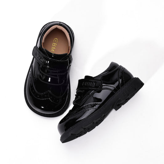 EBMINI Kids’ Black School Uniform Shoes with Velcro & Non-Slip Soles