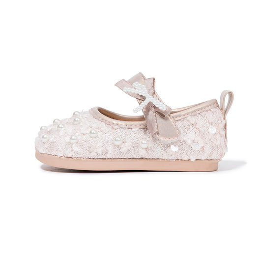 EBMINI Pink Gold Pearl Sequin Princess Mary Jane Shoes | Non Slip Pre-Walker Baby Shoes