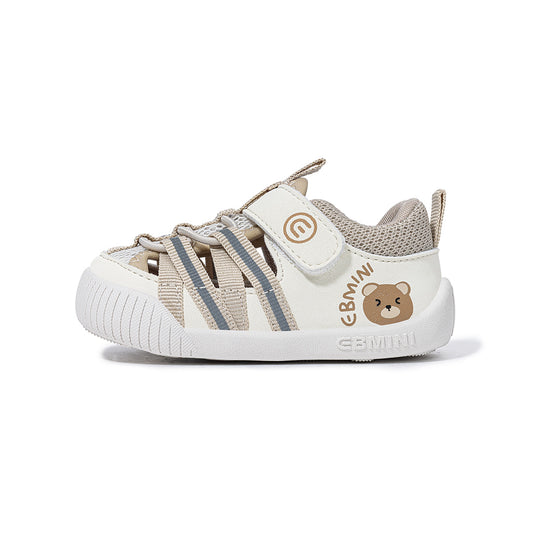 EBMINI Beige Bear Print Closed Toe Baby Sandals | Soft Non Slip Rubber Sole Pre-Walker Shoes for Babies 6-15M