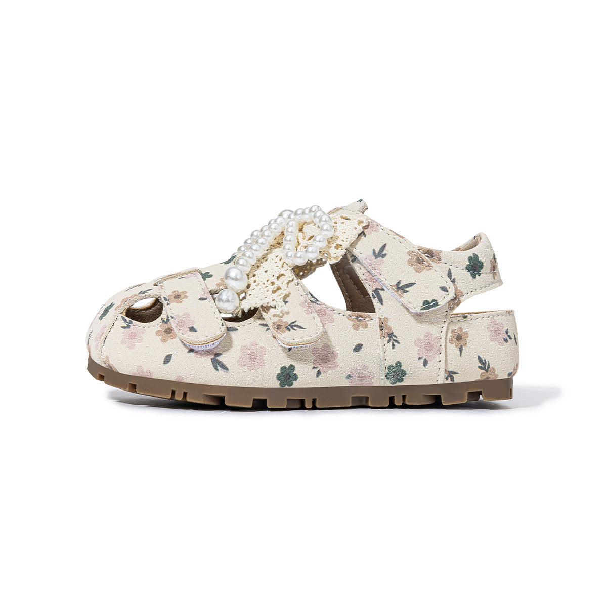 Floral Print Pearl Lace Bow Closed-Toe Toddler Sandals