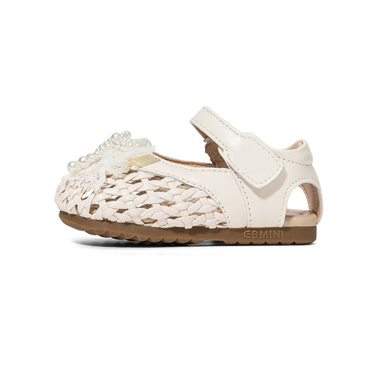 EBMINI White Pearl Bow Woven Closed Toe Toddler Sandals | Breathable Non Slip Rubber Sole Mary Jane Shoes for Girls 15M-5Y