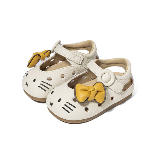 EBMINI Toddler Girl Mary Jane Sandals | Beige Yellow Cute Cat Bow Closed Toe First Walker Summer Shoes for 15M-5Y