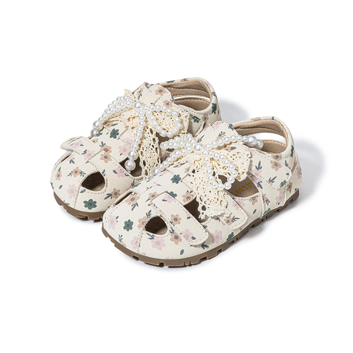 Floral Print Pearl Lace Bow Closed-Toe Toddler Sandals