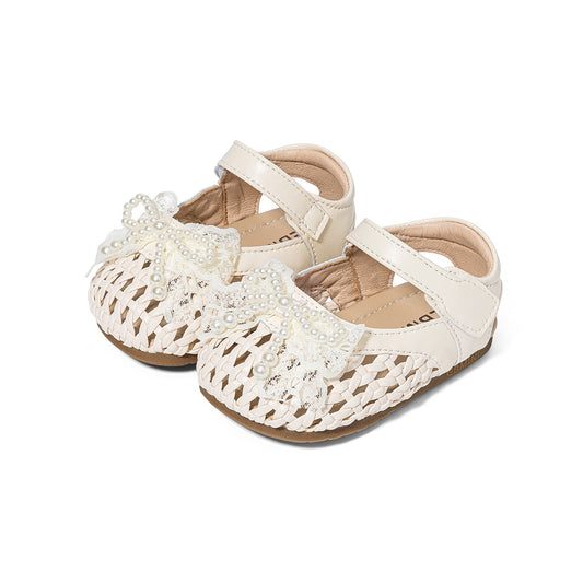 EBMINI White Pearl Bow Woven Closed Toe Toddler Sandals | Breathable Non Slip Rubber Sole Mary Jane Shoes for Girls 15M-5Y