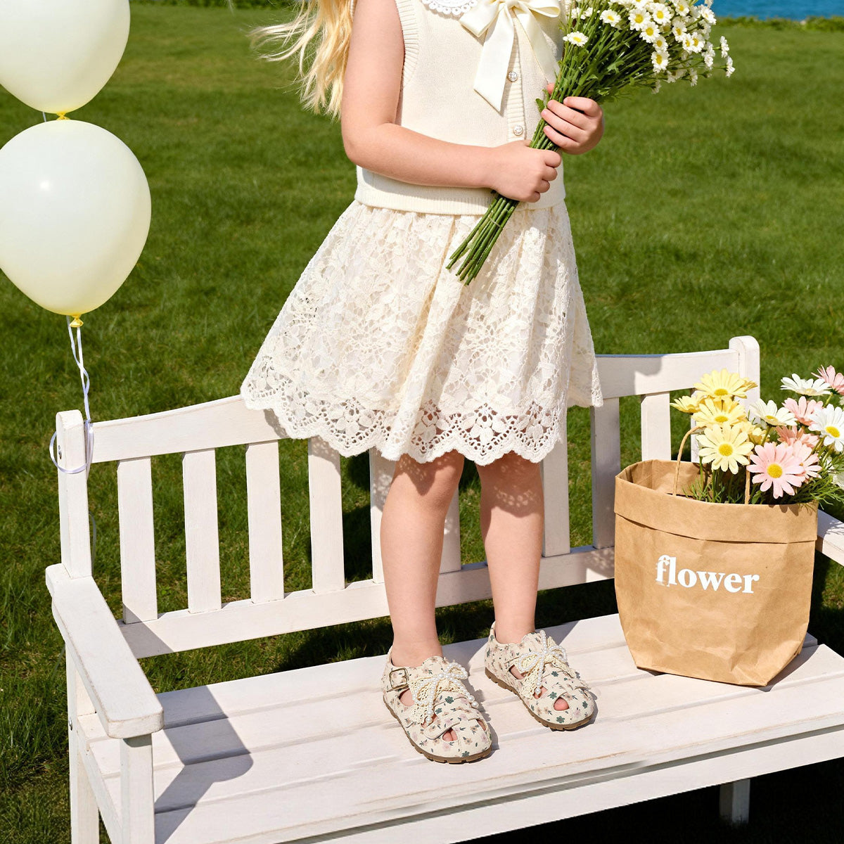 Floral Print Pearl Lace Bow Closed-Toe Toddler Sandals