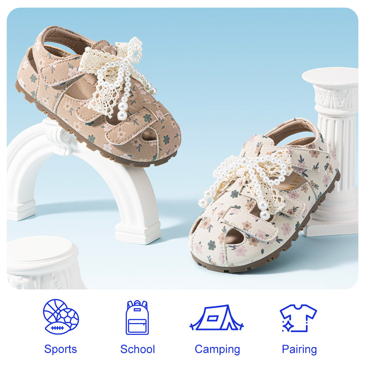 Floral Print Pearl Lace Bow Closed-Toe Toddler Sandals