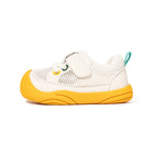 White EBMINI AERO toddler sneaker with yellow outsole, side view