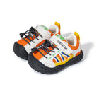 EBMINI BLITZ barefoot toddler sneakers with an orange and white colorblock design
