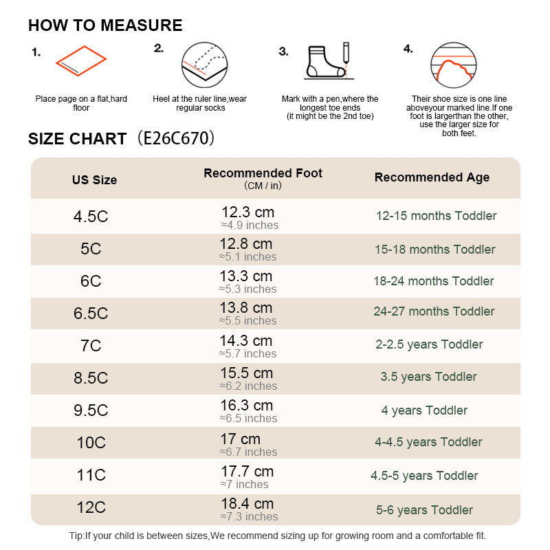 EBMINI CATERWAVE toddler sneaker size guide from 12 months to 6 years