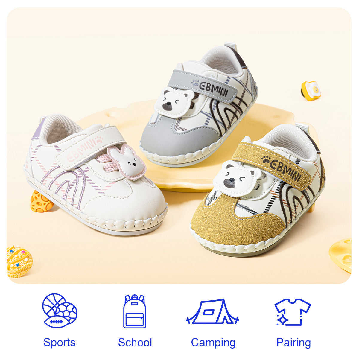 EBMINI CHECKMATE bear plaid baby crib shoes — toe detail