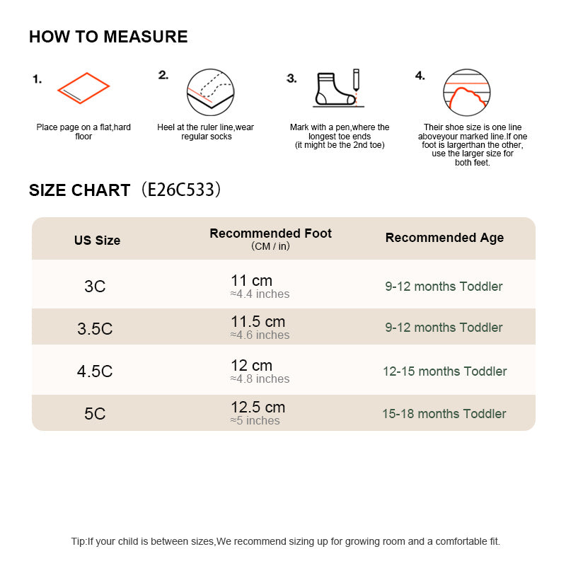 EBMINI CUBBY toddler shoe size guide and measuring instructions