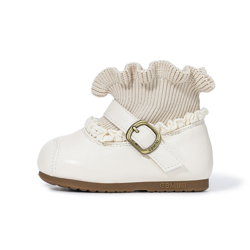 Cream EBMINI HEIRLOOM toddler boot, side view with buckle strap