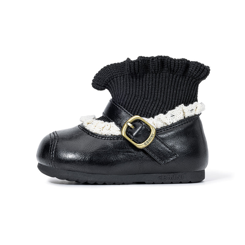 Black EBMINI HEIRLOOM toddler boot, side view with lace trim