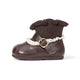 Brown EBMINI HEIRLOOM toddler boot, side view with buckle strap