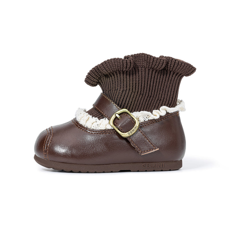 Brown EBMINI HEIRLOOM toddler boot, side view with buckle strap