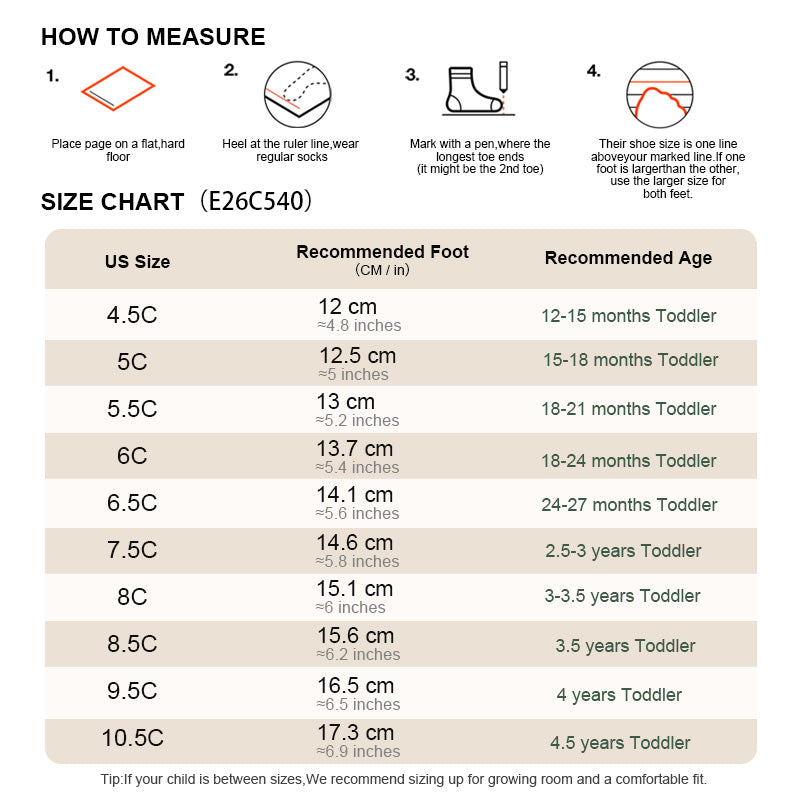 EBMINI HOPPY toddler shoe size guide and measuring instructions