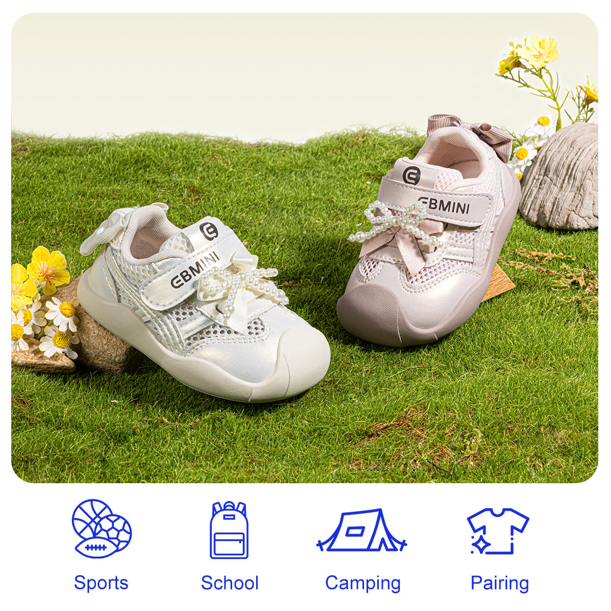 EBMINI IVORY easy-on girls sneakers with a secure hook-and-loop strap