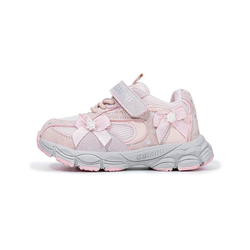 Side view of pink EBMINI PEARL breathable bow sneaker
