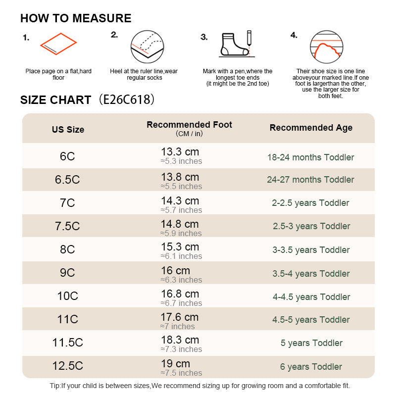 EBMINI QUEST toddler hiking sneaker size guide and foot measurement chart