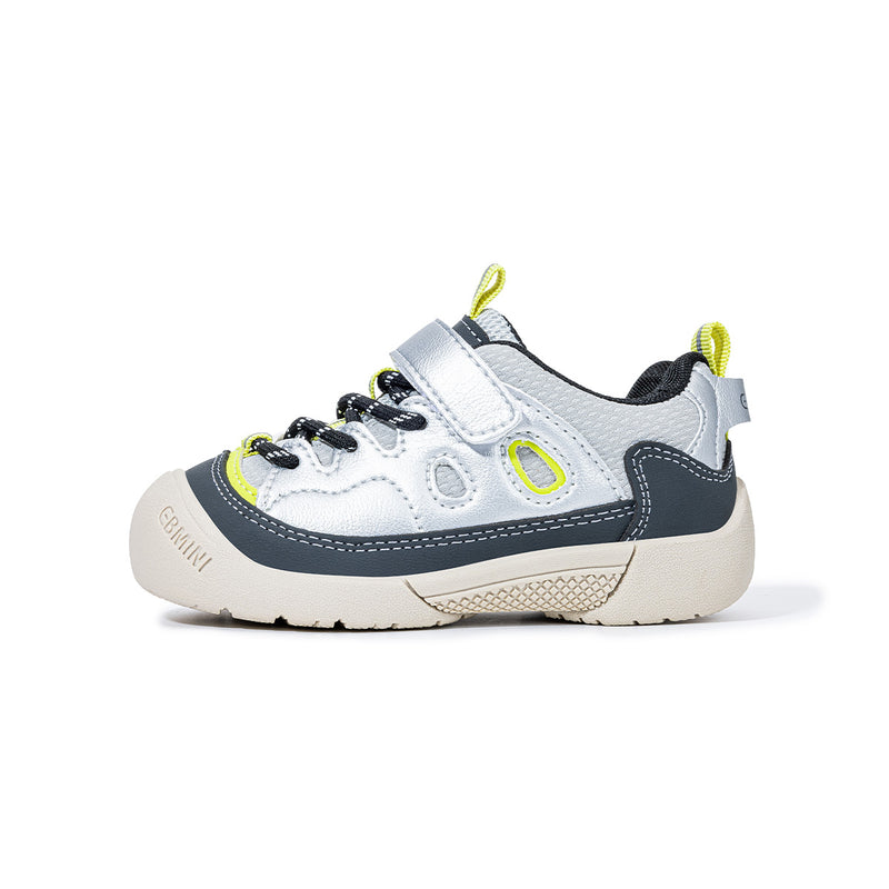 Side view of silver EBMINI RIDGE wide-toe hiking sneaker