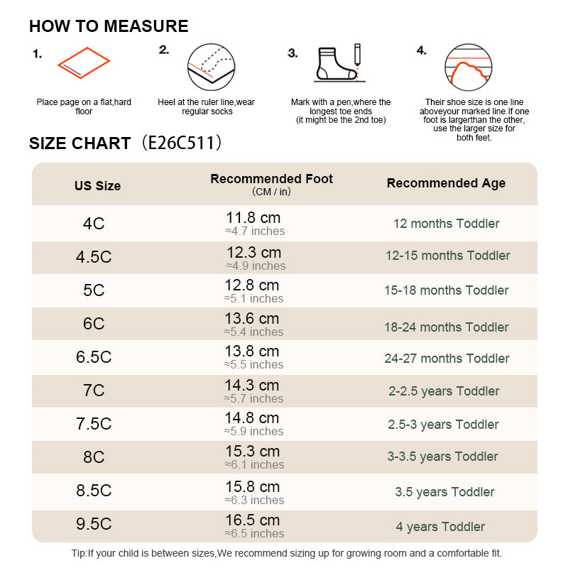 EBMINI ROARY toddler shoe size guide and measuring instructions