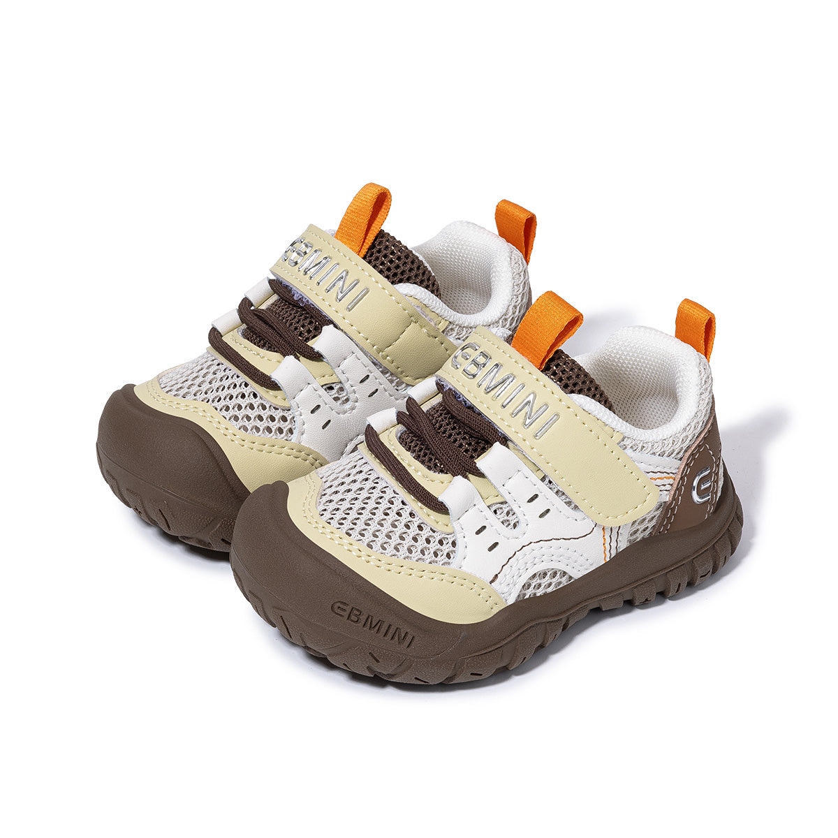 EBMINI ROVER barefoot toddler sneakers with a brown and white colorblock design