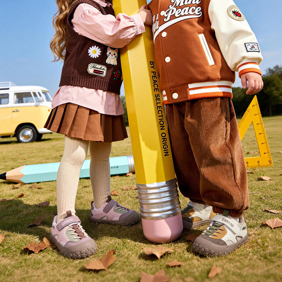 Kids wearing EBMINI ROVER pink and brown outdoor sneakers