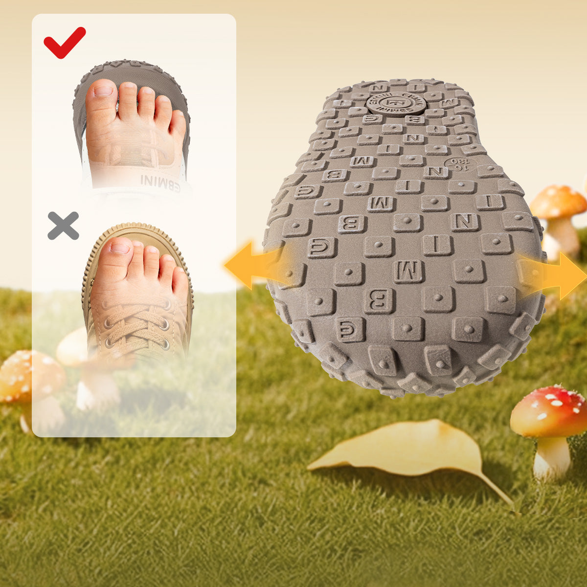 EBMINI ROVER rugged block-pattern outsole and roomy toe comparison