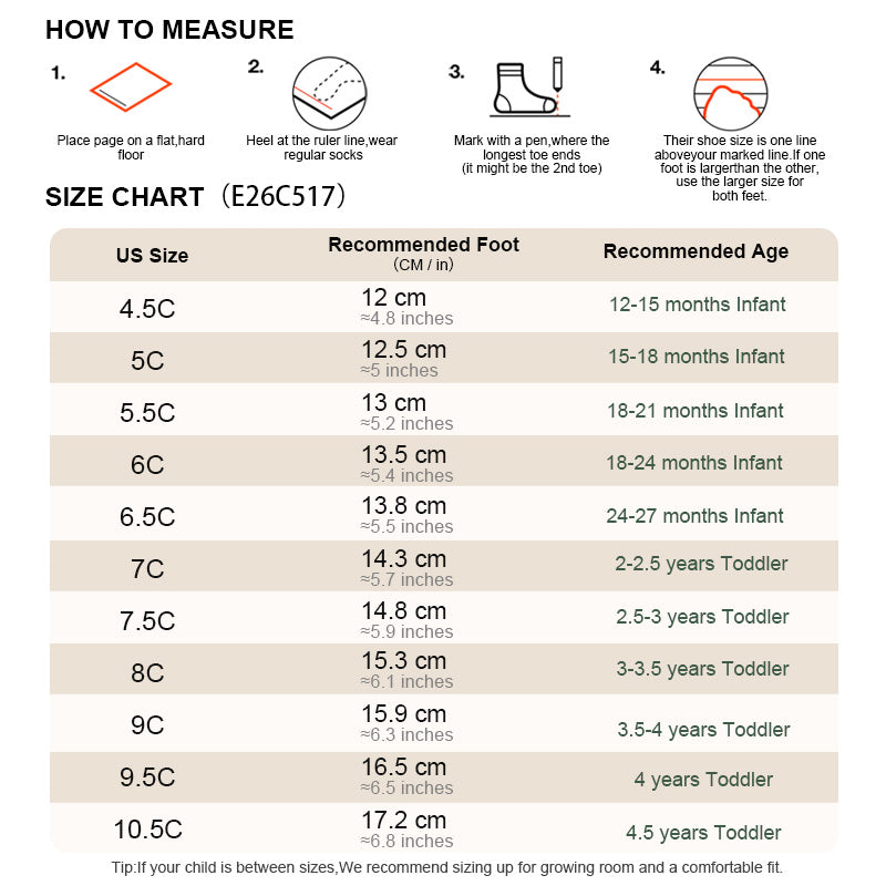 EBMINI ROVER toddler shoe size guide and measuring instructions