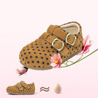 Side view of brown EBMINI SAVANNA barefoot Mary Jane shoe