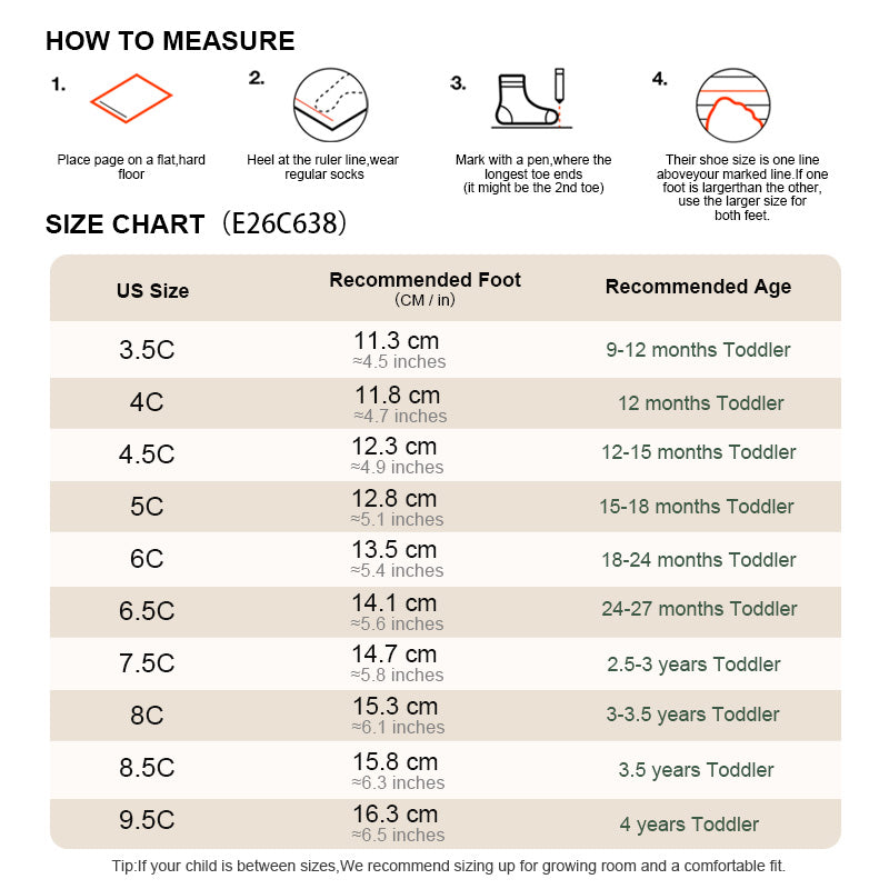 EBMINI SHIELD toddler sneaker size guide and foot measurement chart